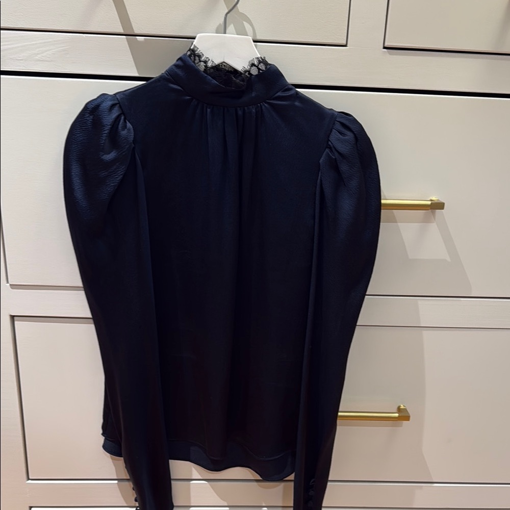 Frame Denim Women's Navy Lace-Trim Puff Sleeve Blouse size Small